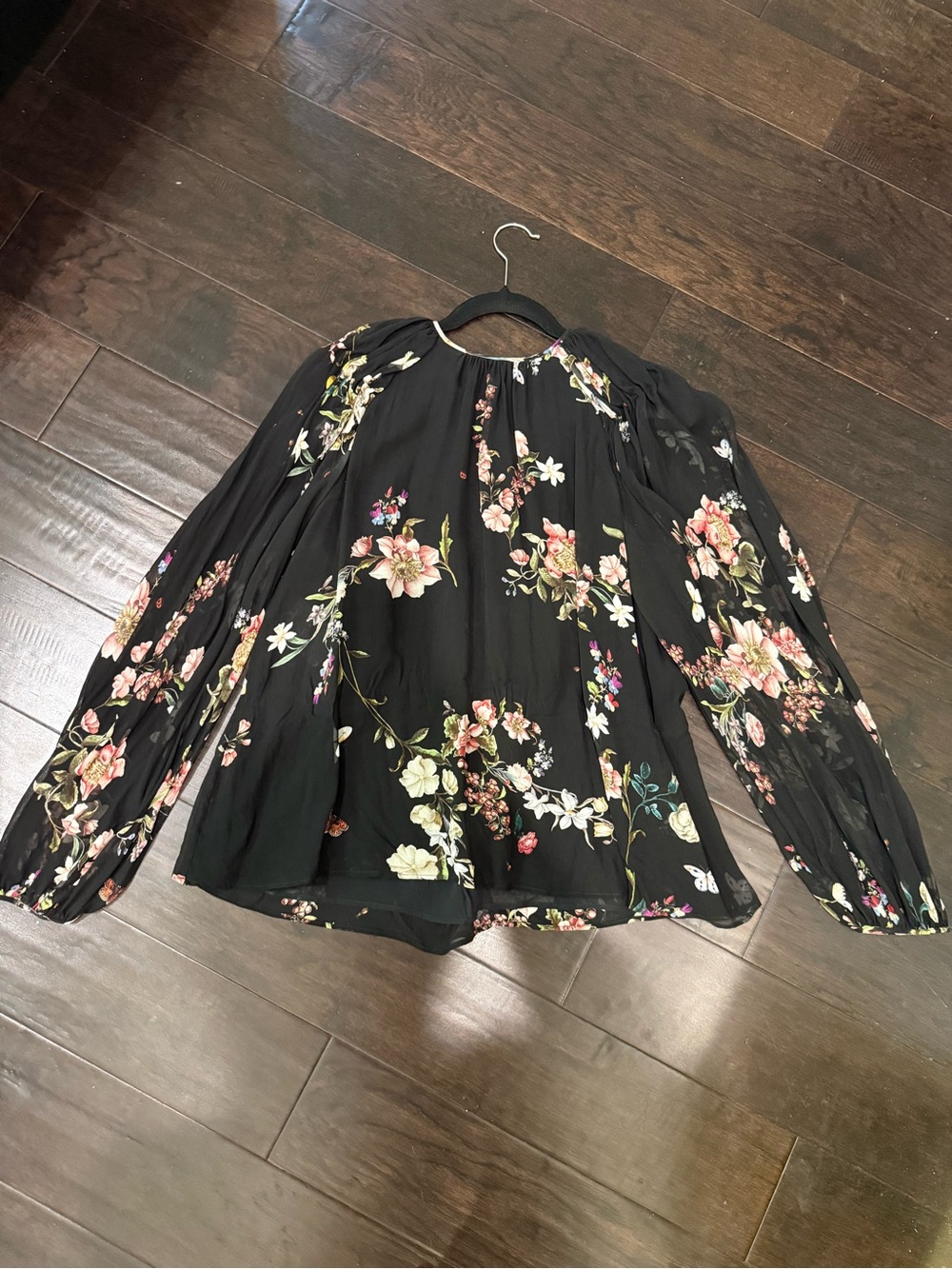 100% Silk Black Floral Long-Sleeve Peasant Blouse